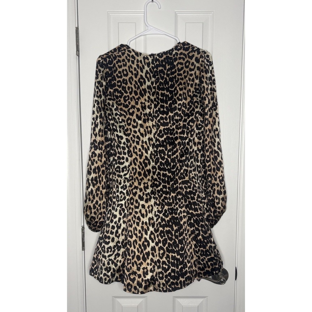 Ganni Women's Silk Blend Long Sleeve‎ Mini Dress Leopard Print Brown 36 US S
